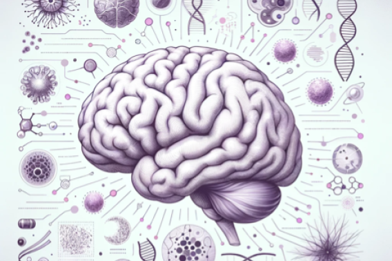An art image generated with DALL-E representing a ‘Brain Omics' concept, showcasing a brain, DNA, cells, and more.
