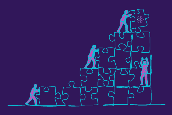 Graphic of individuals building a staircase with puzzle pieces