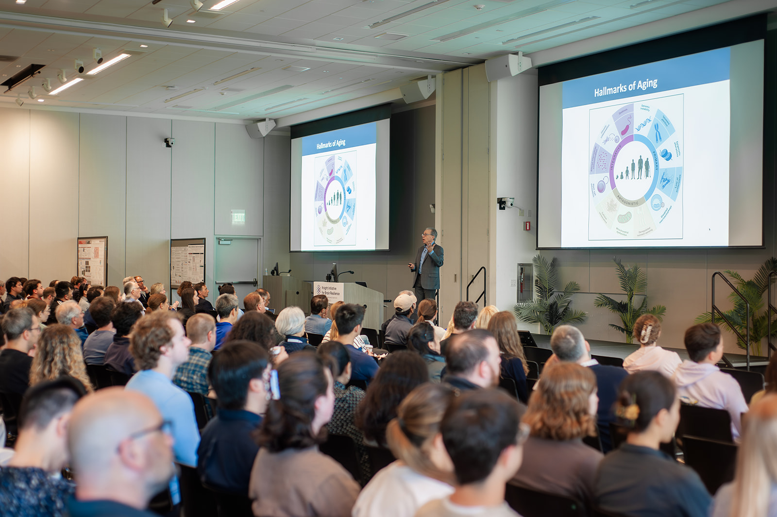Nir Barzelai present research with two large screens in front of an audience.