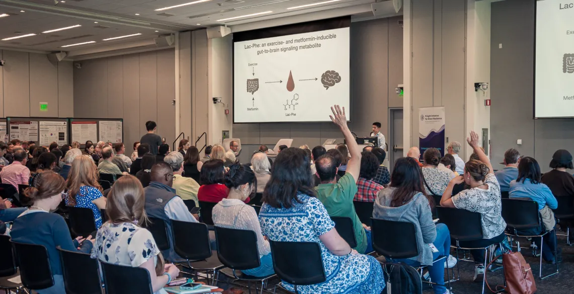 Audience members engage in the Q&A part of the scientific talk at a recent Knight Initiative for Brain Resilience symposium. 