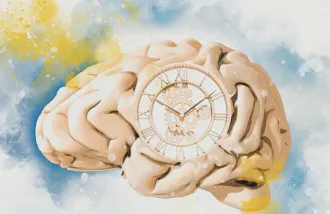 Watercolor image of a brain with a clock in the middle. Credit: Victor Habbick Visions/Science Photo Library / Getty Images