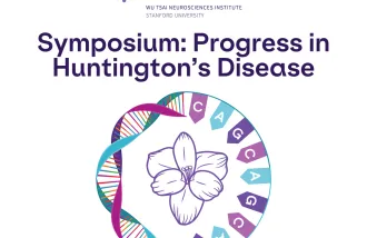 Knight Initiative for Brain Resilience logo; Symposium: Progress in Huntington's Disease;A DNA double helix in the shape of a circle on the left flows into a DNA base pairing of CAG to represent the CAG repeat mutation in Huntington's Disease.