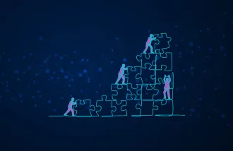 Graphic design of people working together to build a staircase out of puzzle pieces