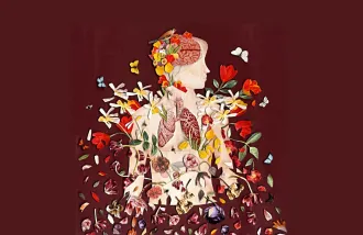 Image art of a person with their brain and lungs showing along with flowers,  birds, and bees