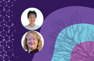 Banner image featuring two circle headshots against a purple and blue background design.