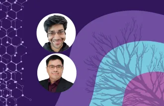 Banner image featuring two circle headshots against a purple and blue background design.