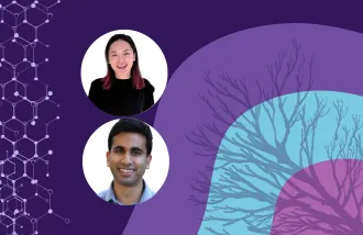 Banner image featuring two circle headshots against a purple and blue background design.