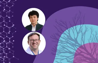 Banner image featuring two circle headshots against a purple and blue background design.