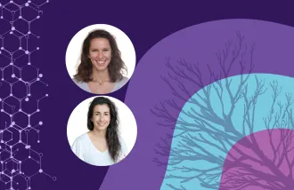 Banner image featuring two circle headshots against a purple and blue background design.