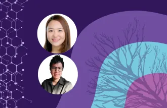 Banner image featuring two circle headshots against a purple and blue background design.