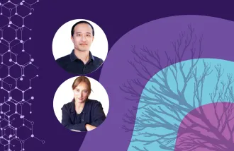 Banner image featuring two circle headshots against a purple and blue background design.