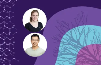 Banner image featuring two circle headshots against a purple and blue background design.