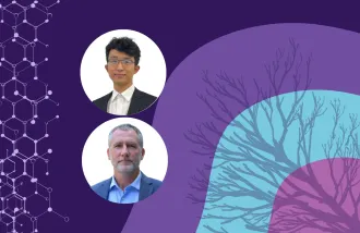 Banner image featuring two circle headshots against a purple and blue background design.