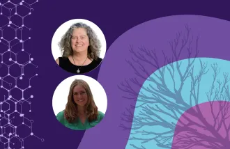 Banner image featuring two circle headshots against a purple and blue background design.