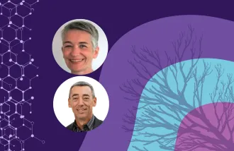 Banner image featuring two circle headshots against a purple and blue background design.