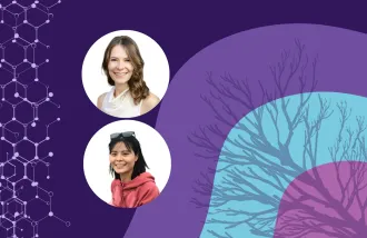 Banner image featuring two circle headshots against a purple and blue background design.