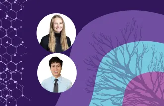 Banner image featuring two circle headshots against a purple and blue background design.