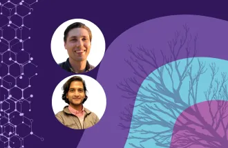 Banner image featuring two circle headshots against a purple and blue background design.