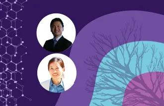 Banner image featuring two circle headshots against a purple and blue background design.