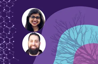 Banner image featuring two circle headshots against a purple and blue background design.