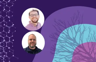 Banner image featuring two circle headshots against a purple and blue background design.