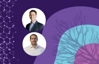 Banner image featuring two circle headshots against a purple and blue background design