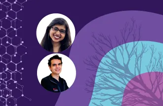 Banner image featuring two circle headshots against a purple and blue background design