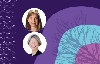 Banner image featuring two circle headshots against a purple background design