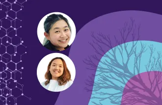 Banner image featuring two circle headshots against a purple background design
