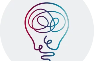 A stylized gradient line-art lightbulb, drawn with swirling magenta-to-teal strokes, centered inside a light gray circular background.