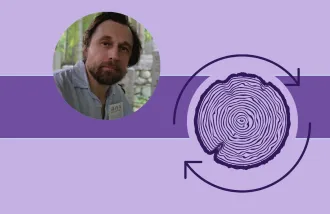 Banner image featuring one circle headshot against a purple background design