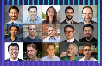 An array of fifteen portraits on a green and purple striped background.