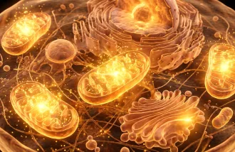 A gold-colored illustration of lozenge-shaped mitochondria.
