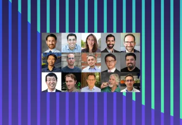 An array of fifteen portraits on a green and purple striped background.