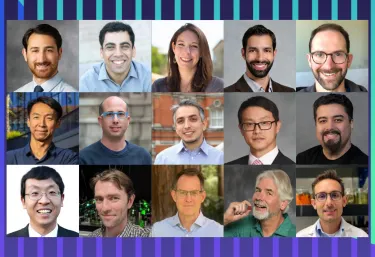 An array of fifteen portraits on a green and purple striped background.