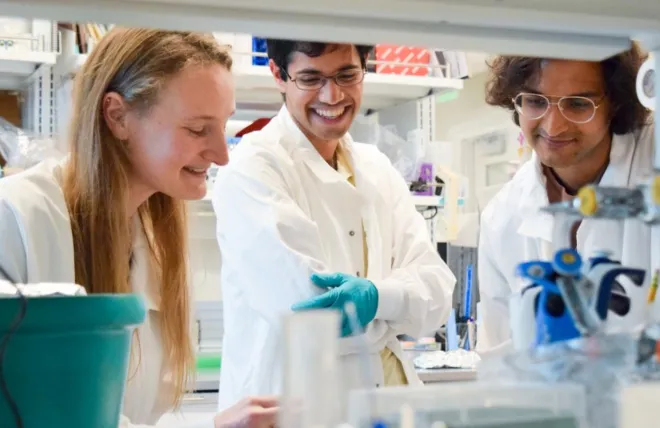 Brain Resilience Postdoctoral Scholar Ravi Nath (right) works in the Brunet lab with colleagues.