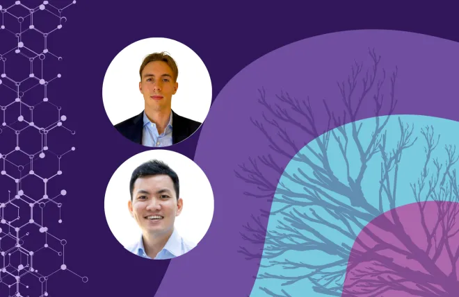 Banner image featuring two circle headshots against a purple and blue background design.