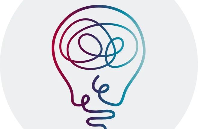 A stylized gradient line-art lightbulb, drawn with swirling magenta-to-teal strokes, centered inside a light gray circular background.