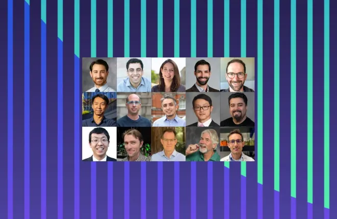 An array of fifteen portraits on a green and purple striped background.