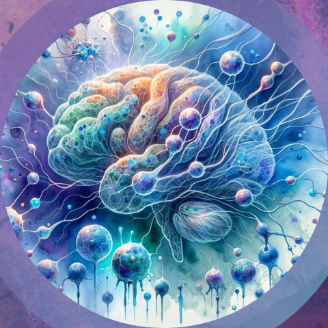 Watercolor image of a brain that explores the complex interplay between brain structures, neural networks, and lipid droplets, tied to Alzheimer's research and the APOE4/4 gene discovery.