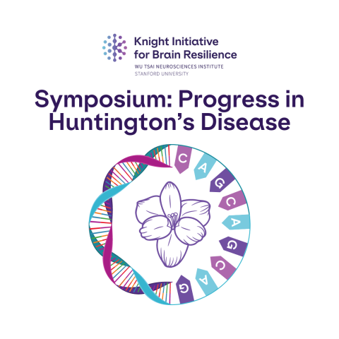 Knight Initiative for Brain Resilience logo; Symposium: Progress in Huntington's Disease;A DNA double helix in the shape of a circle on the left flows into a DNA base pairing of CAG to represent the CAG repeat mutation in Huntington's Disease.