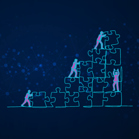 Graphic design of people working together to build a staircase out of puzzle pieces