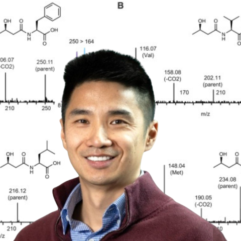 Jonathan Z. Long headshot. Background is a screenshot of a figure from the publication showcasing, "Detection and ketosis inducibility of BHB-amino acids in mouse plasma" figures A, B, C, and D.jpg