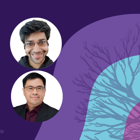 Banner image featuring two circle headshots against a purple and blue background design.