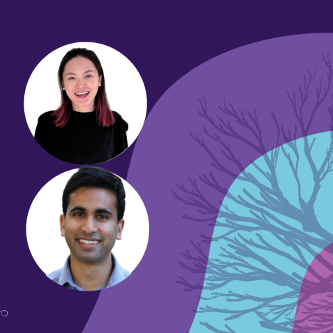 Banner image featuring two circle headshots against a purple and blue background design.