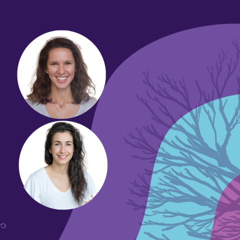Banner image featuring two circle headshots against a purple and blue background design.