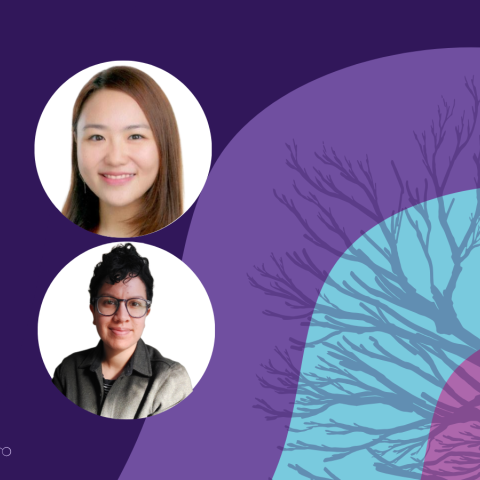 Banner image featuring two circle headshots against a purple and blue background design.