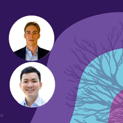 Banner image featuring two circle headshots against a purple and blue background design.