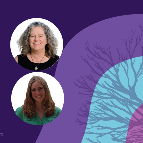 Banner image featuring two circle headshots against a purple and blue background design.