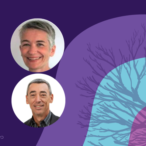 Banner image featuring two circle headshots against a purple and blue background design.